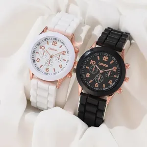 2pcs Fashion Luxury Couple Watch Set Elegant Alloy Wristwatch with Silicone Strap for Men and Women Quartz Holiday Gifts