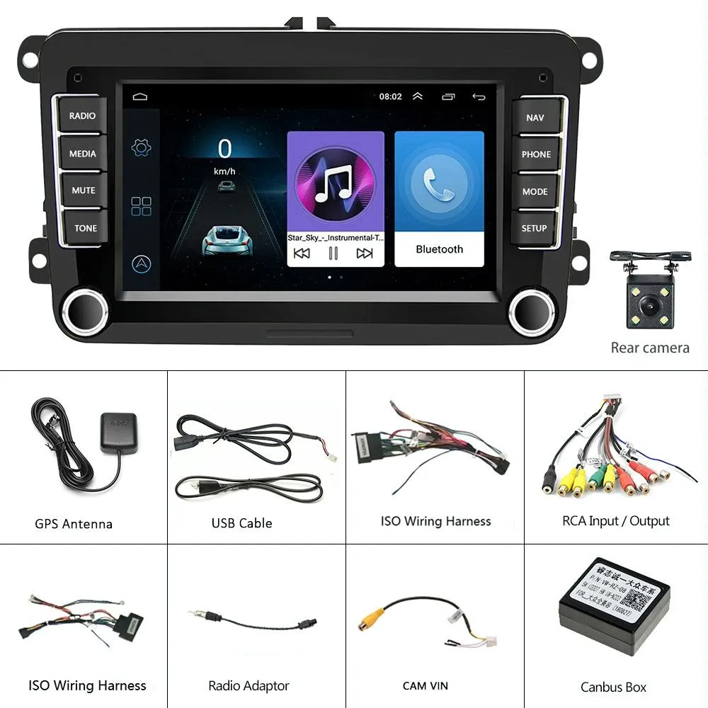 7 Inch Android Car Navigation Player With Wireless Carplay - 1   16G - Fits Volkswagen - 4Lights Camera