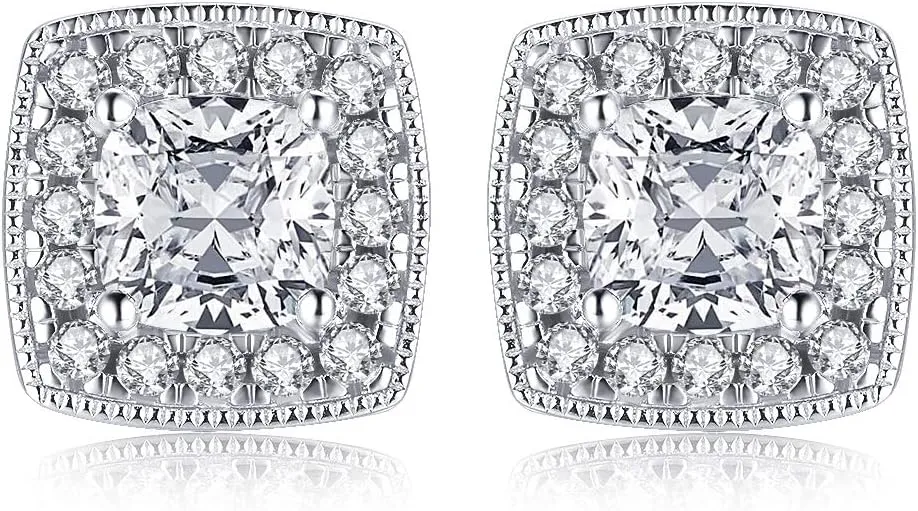 AINUOSHI Platinum Plated Sterling Silver AAAAAA Womens Cubic Zirconia Cushion Shaped Halo Stud Earring Cz 1ct
