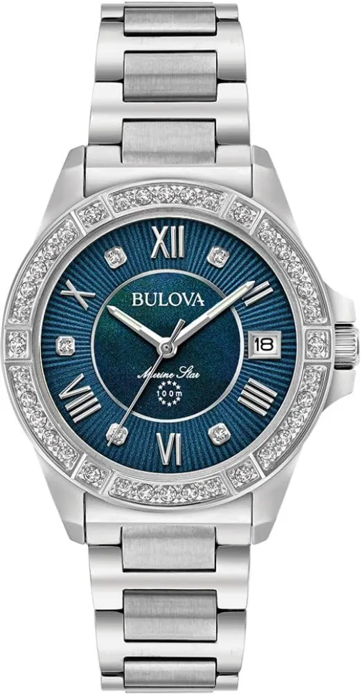 Bulova Ladies' Marine Star 'Series L' 3-Hand Day Date Quartz Diamond Watch, Sapphire Crystal, 100M Water Resistant, Mother-of-Pearl Dial, 34mm