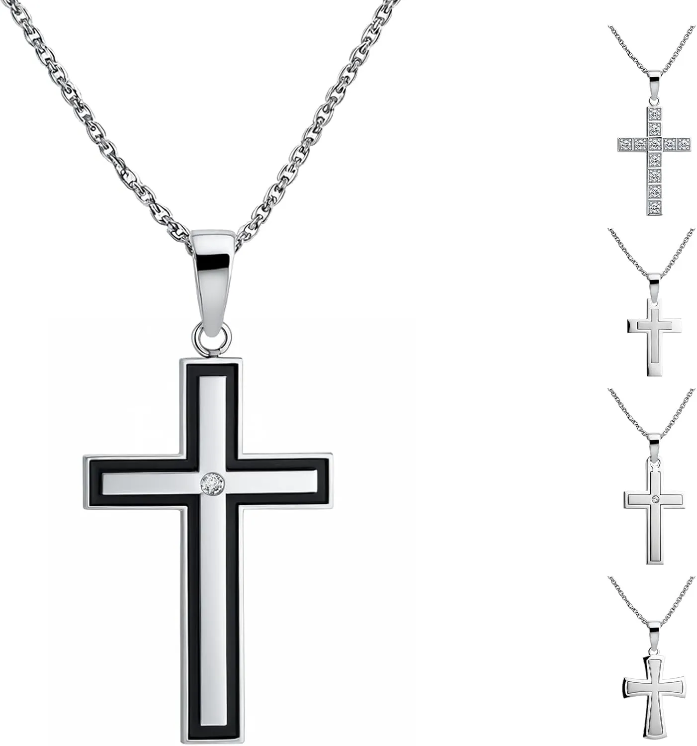Cross Necklace for Men, Silver/Black/Diamond Stainless Steel Cross Necklace for Men, Hypoallergenic Religious Jewelry Gift for Him, Husband, Boyfriend