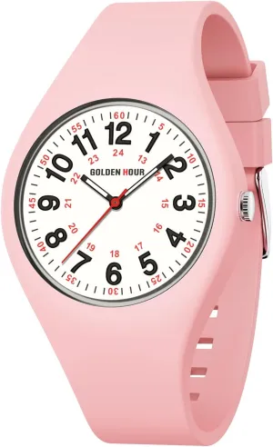 GOLDEN HOUR Waterproof Sports Analog Unisex Watches for Nurse Medical Professionals, Students - Military Time Glowing Easy to Read Dial, Jelly Silicone Strap