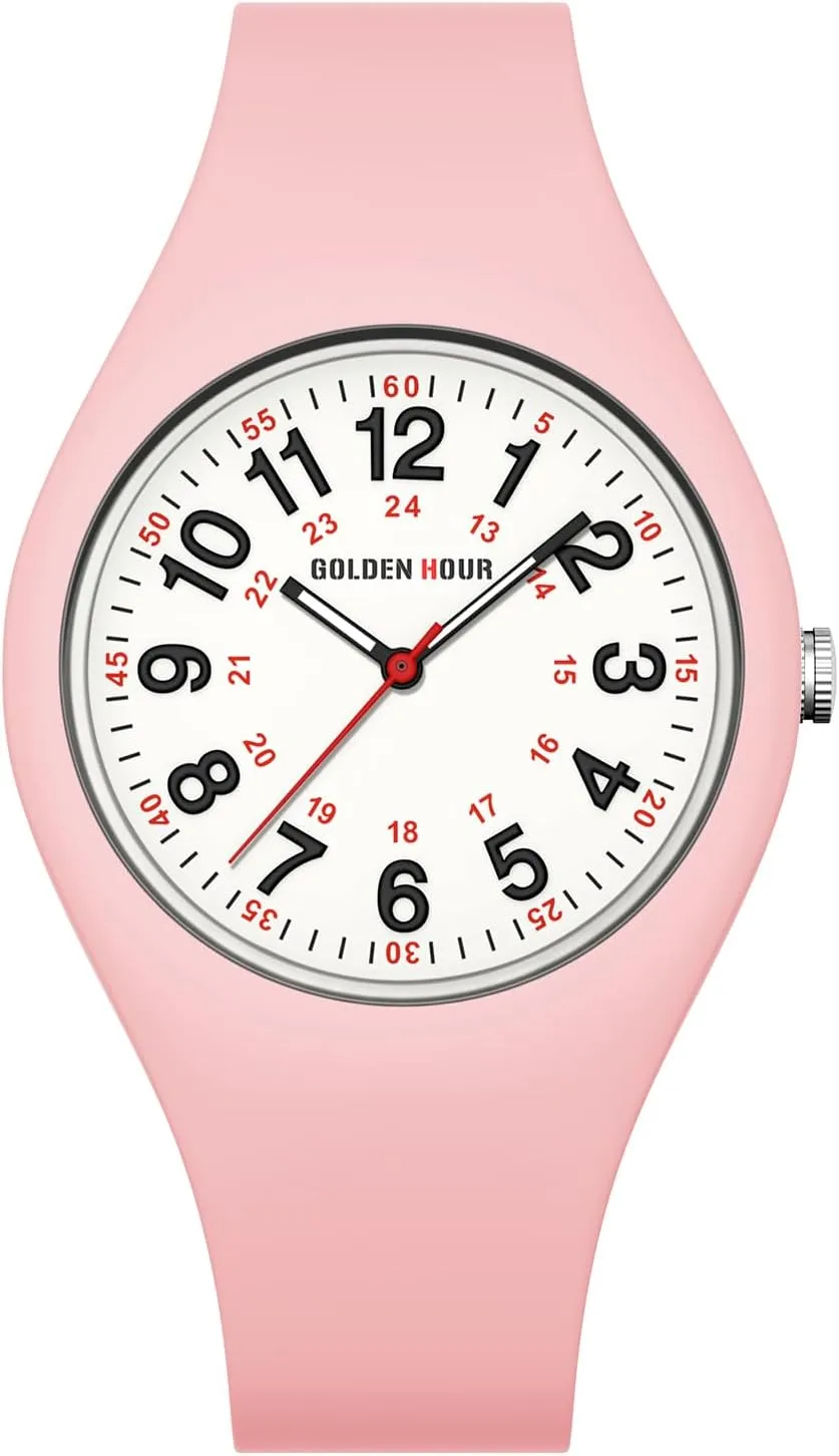 GOLDEN HOUR Waterproof Sports Analog Unisex Watches for Nurse Medical Professionals, Students - Military Time Glowing Easy to Read Dial, Jelly Silicone Strap