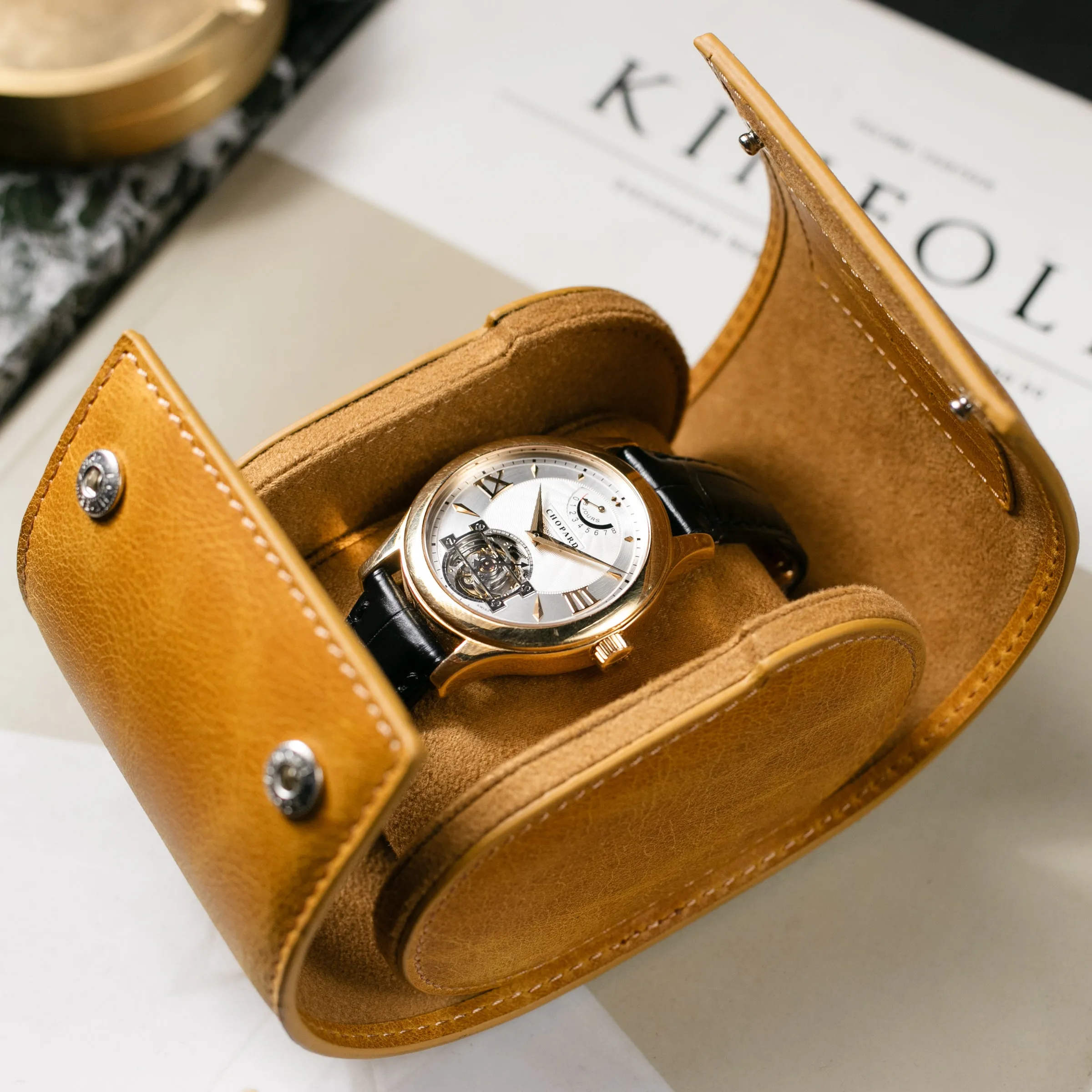 Leather Travel Watch Case - Mustard - Single Watch Roll