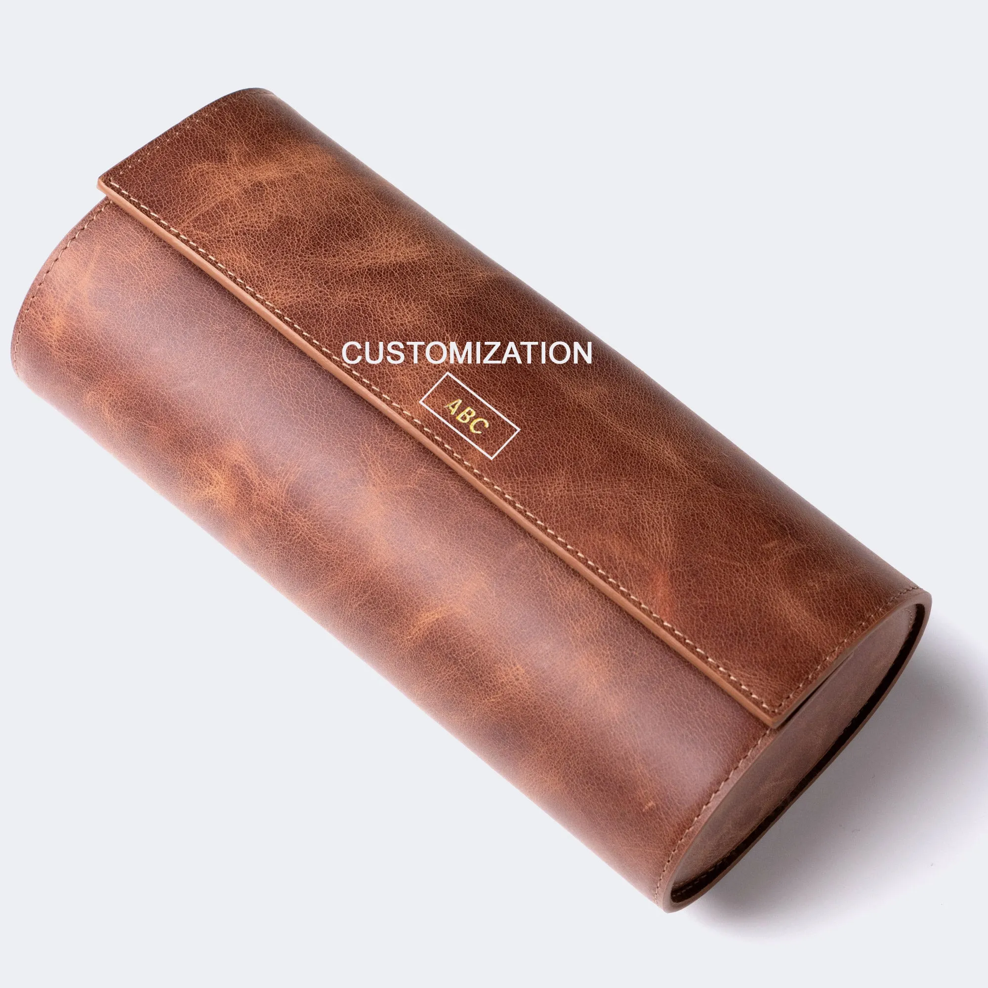 Leather Travel Watch Case - Tobacco - Triple Watch Roll