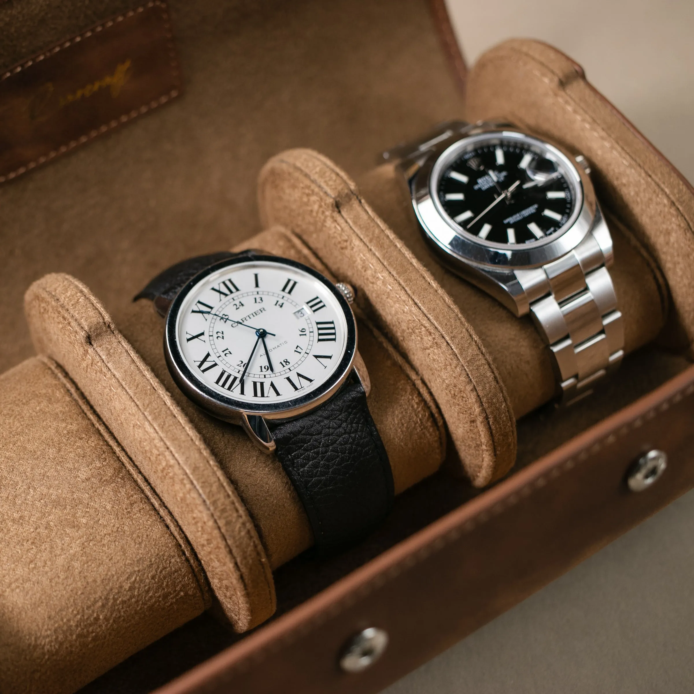 Leather Travel Watch Case - Tobacco - Triple Watch Roll