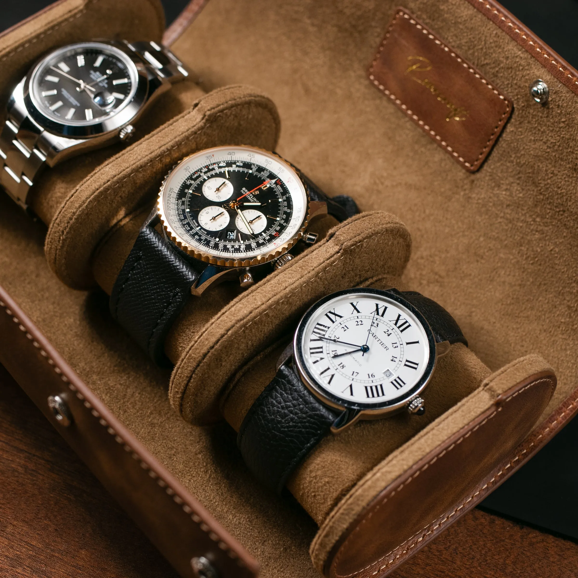 Leather Travel Watch Case - Tobacco - Triple Watch Roll