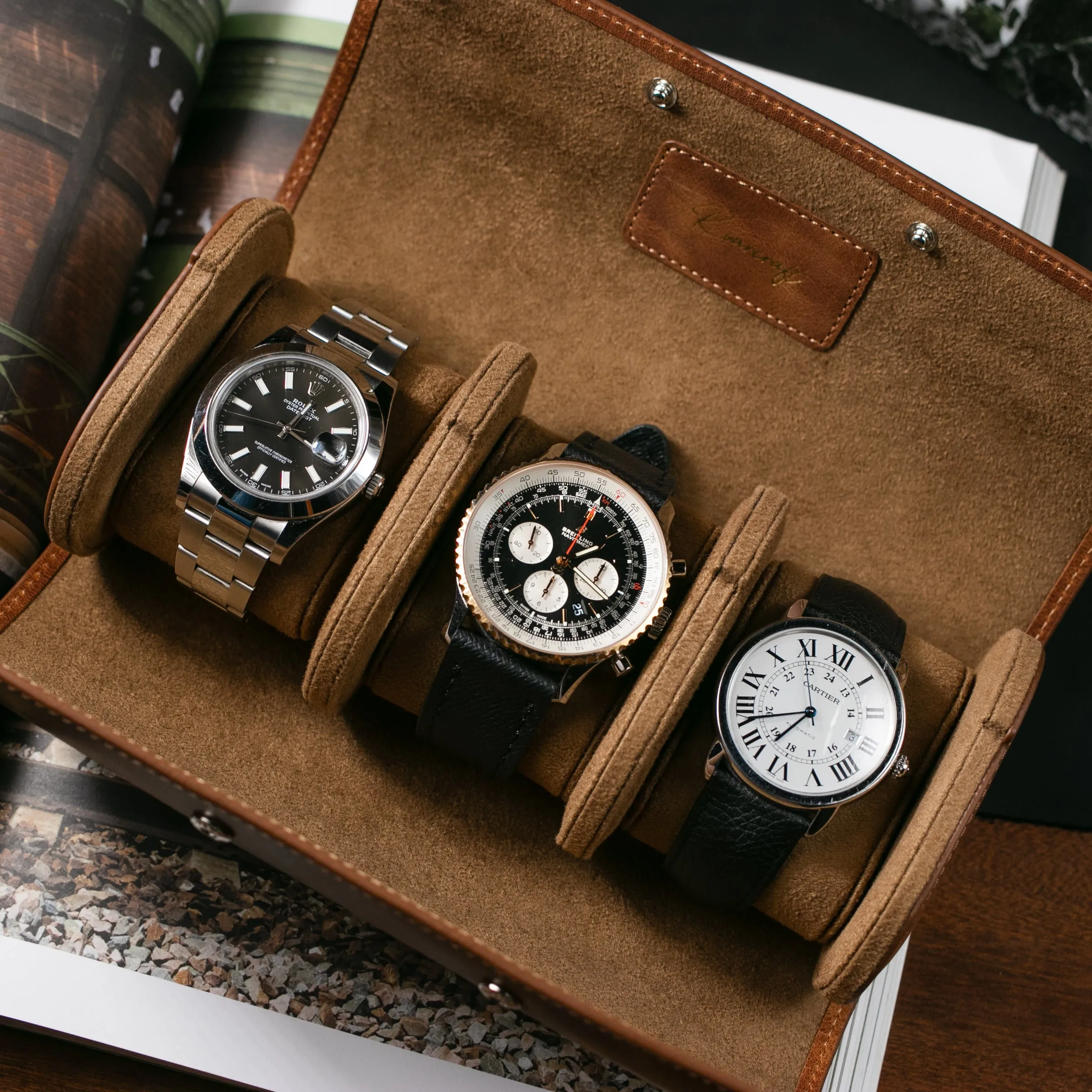 Leather Travel Watch Case - Tobacco - Triple Watch Roll