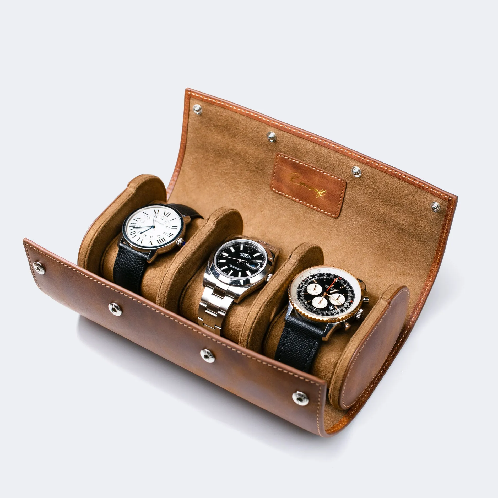 Leather Travel Watch Case - Tobacco - Triple Watch Roll