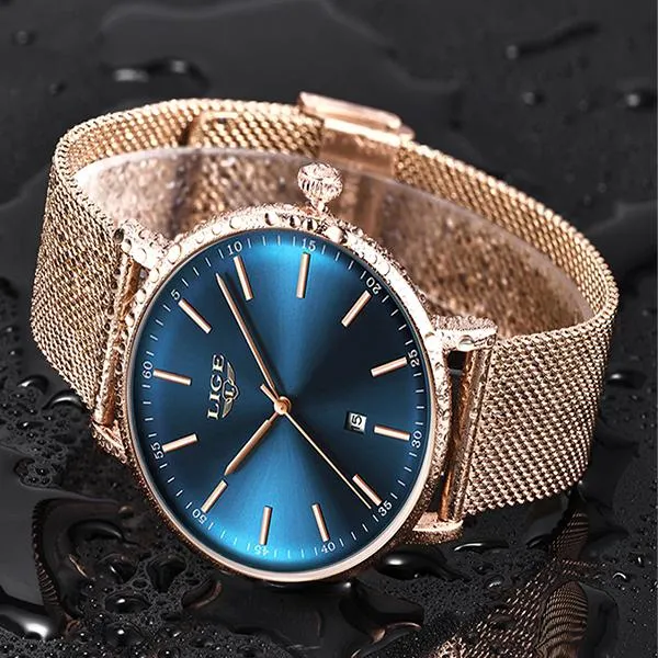 LIGE Womens Casual Ultra Thin Stainless Steel Watch with Blue Face