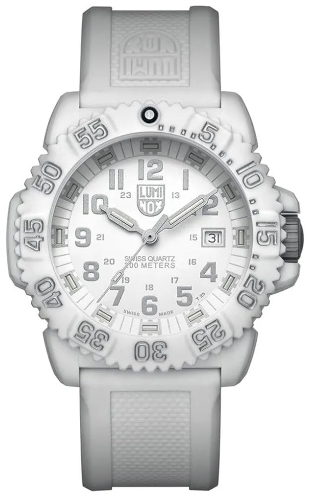 Luminox Navy SEAL Colormark PC Fiberglass White Dial White Rubber Strap Date Divers Quartz Mens Watch XS.3057.WO