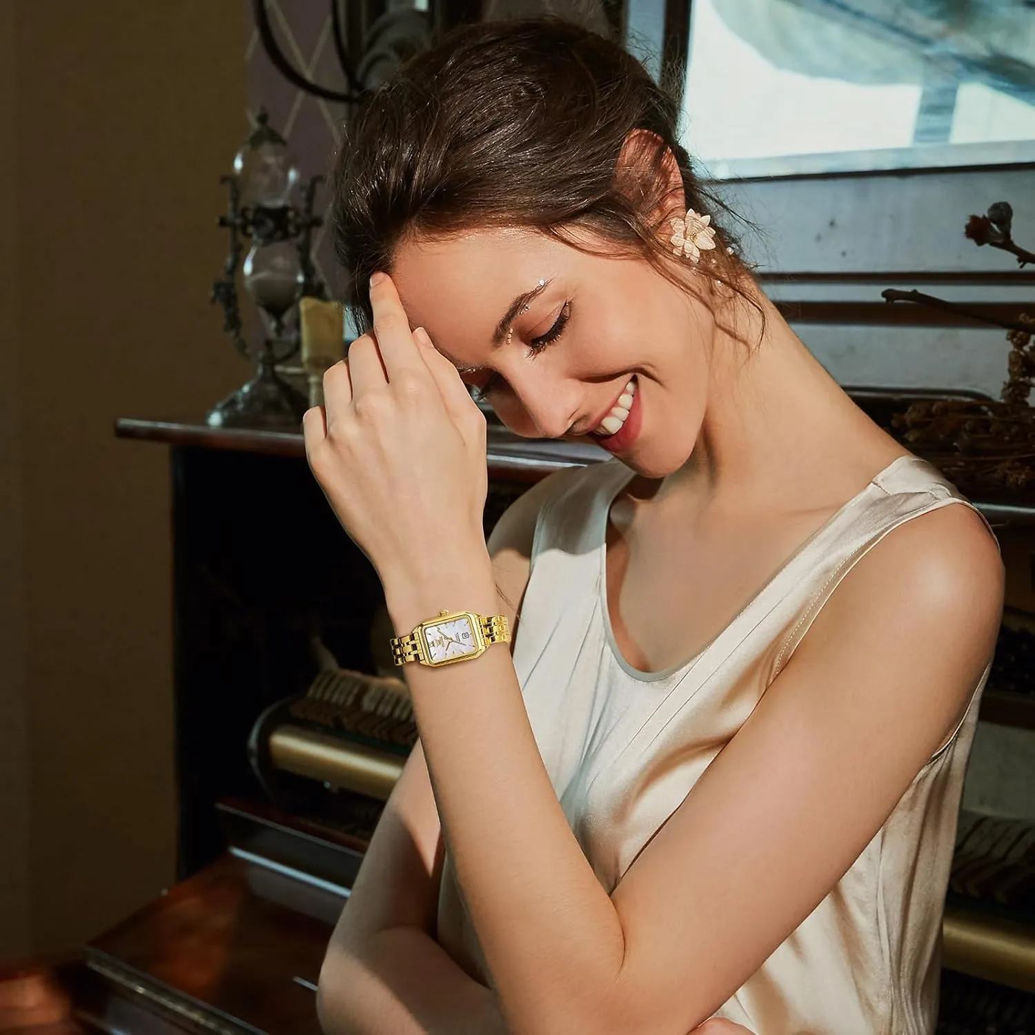 OLEVS Gold Watches for Women Square Luxury Business Rectangle Ladies Watches for Woman with Date Water Resistant Ladies Watch for Small Wrists Reloj para Mujer Diamond Blue/Green/Black/White/Gold