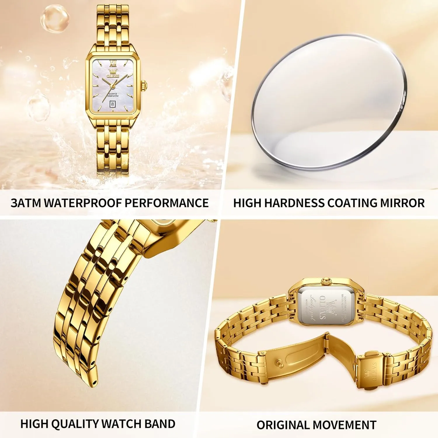 OLEVS Gold Watches for Women Square Luxury Business Rectangle Ladies Watches for Woman with Date Water Resistant Ladies Watch for Small Wrists Reloj para Mujer Diamond Blue/Green/Black/White/Gold