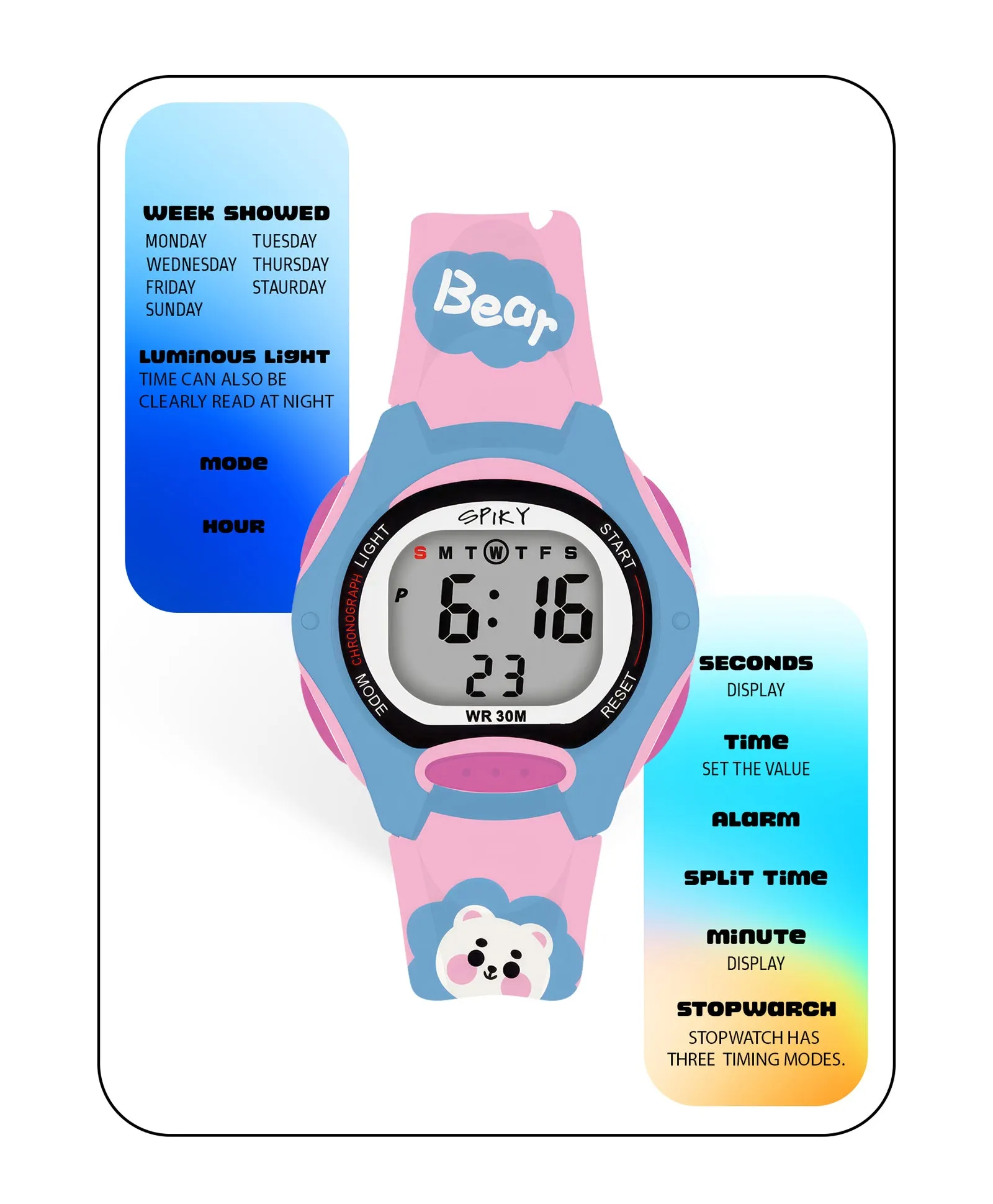 Spiky Eva18 Printed Strap Round Sports Digital Watch - Green