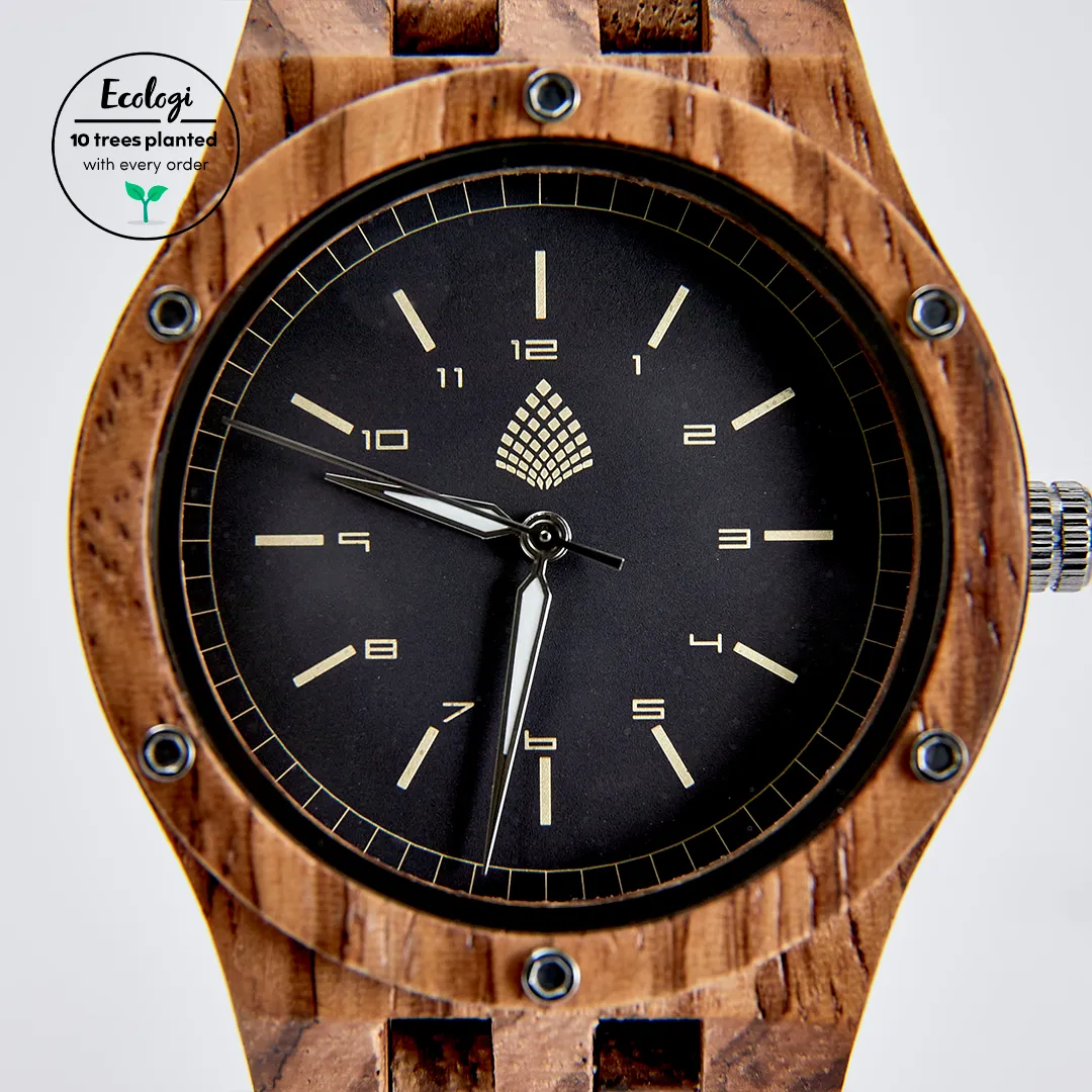 The Yew Watch - Eco-Friendly Natural Zebrawood Timepiece for Men | Handcrafted Vegan Watch