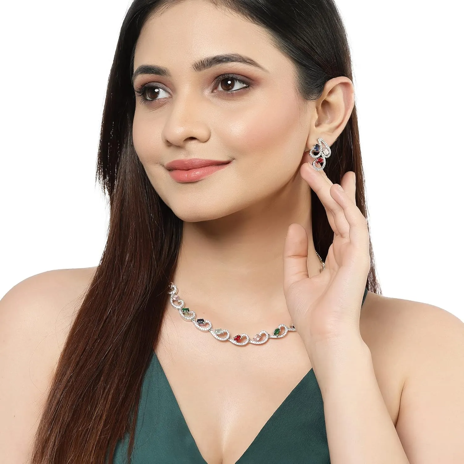 Women Rhodium-Plated with Silver-Toned Cubic Zirconia & American Diamond studded Necklace and Drop Earrings Jewellery Set