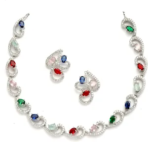 Women Rhodium-Plated with Silver-Toned Cubic Zirconia & American Diamond studded Necklace and Drop Earrings Jewellery Set