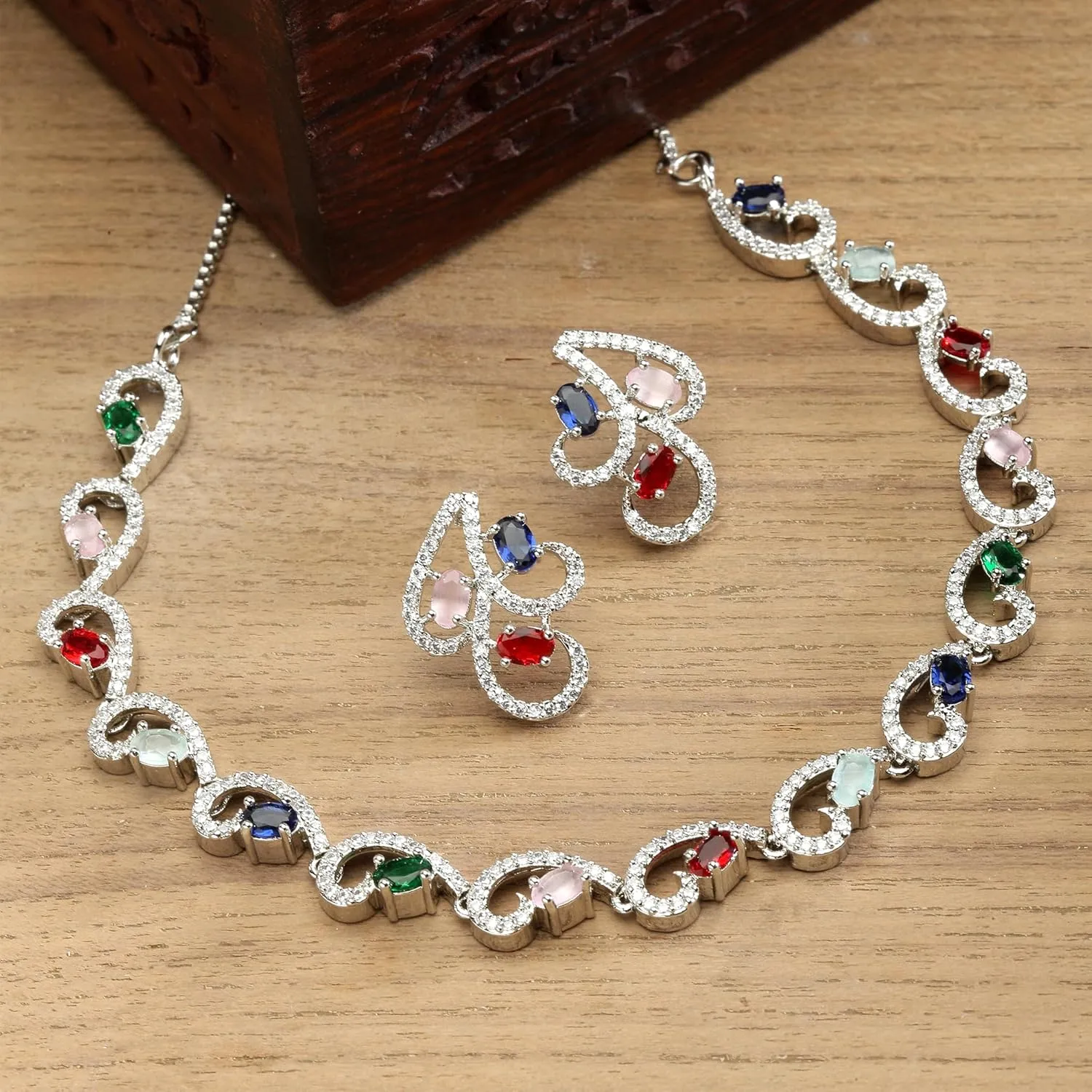 Women Rhodium-Plated with Silver-Toned Cubic Zirconia & American Diamond studded Necklace and Drop Earrings Jewellery Set