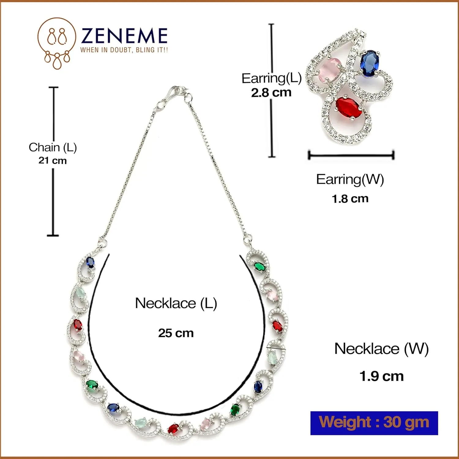 Women Rhodium-Plated with Silver-Toned Cubic Zirconia & American Diamond studded Necklace and Drop Earrings Jewellery Set